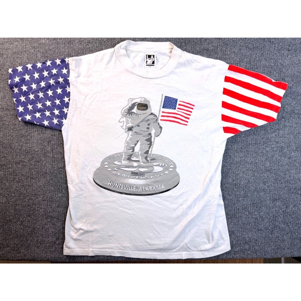 Vintage LA Sportswear US Space Rocket Center T Shirt L White Stars Stripes Y2K